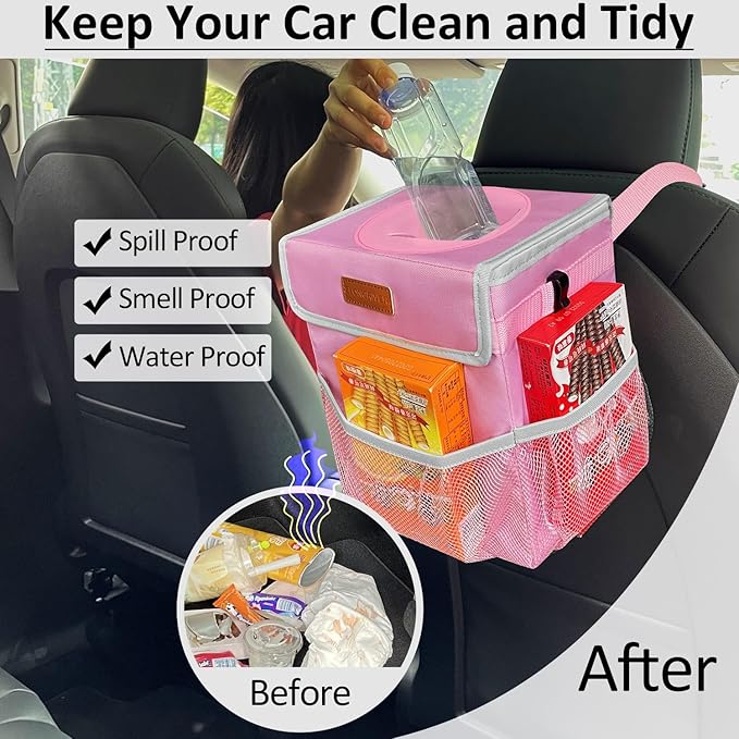 ELONGRIVER Car Trash Can Bin for Back Seat Leak Proof, Cute Car Trash Bag Hanging, Vehicle Trash Can for SUV Truck Van, Automotive Garbage Cans Front Seat Pink