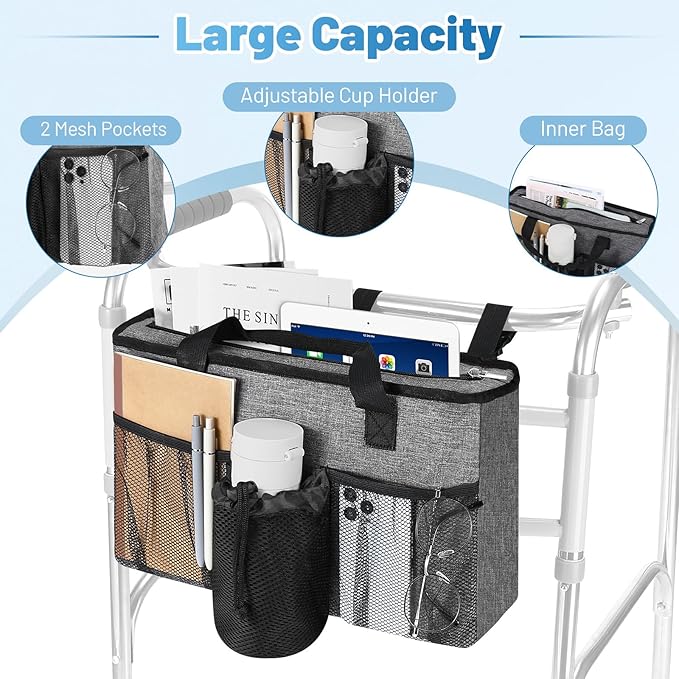 Rhino Valley Walker Bag, Large Capacity Walker Accessories Storage Bag with Multi Pockets & Cup Holder, Walker Basket with 4 pockets for Universal Walkers for Seniors, Gray
