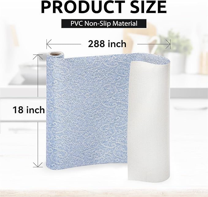 FIFTY FEET 18X288 Inch Shelf Liner with Scissor & Tape Measure for Kitchen Cabinets, PVC Drawer Liner for Dresser Non-Slip Bathroom, Non-Adhesive Cabinet Liner Washable (Pale Blue)