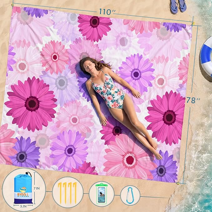 BYDOLL Beach Blanket Waterproof Sandproof 78''×110'' Suits1-7 Adults Compact Lightweight Oversized Sand-Free Blanket Large Picnic Mat for Beach Travel Camping Hiking