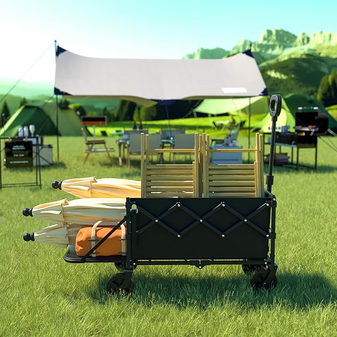Collapsible Wagon with Wheels & Tailgate, 350LBS Wagons Carts Foldable Heavy Duty, Lightweight Portable Folding Utility Wagon Grocery Shopping Cart for Garden, Camping, Beach (Black)