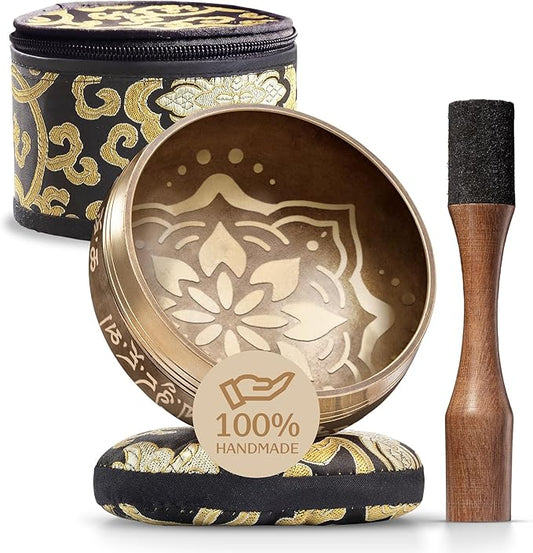 Handmade Tibetan Etched Singing Bowl Set with Case – Meditation Bowl & Sound Bowl with Cushion, Mallet & Guide – Handmade Himalayan Bowls – Bronze Singing Bowls – Spiritual Healing Products