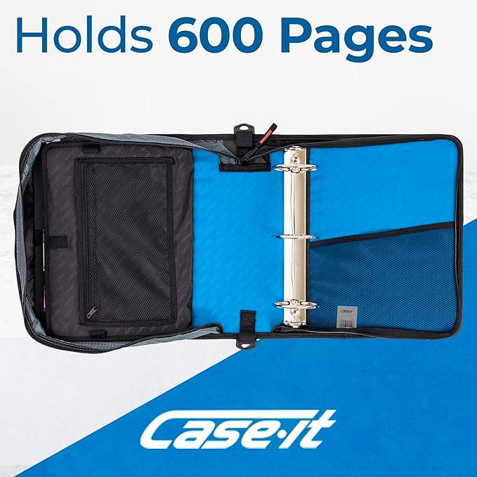 Case-it Mighty Zip Tab Zipper Binder, 3" O-Ring with 5-Color tabbes, Expanding File Folder and Shoulder Strap and Handle, D-146-Denim Blue