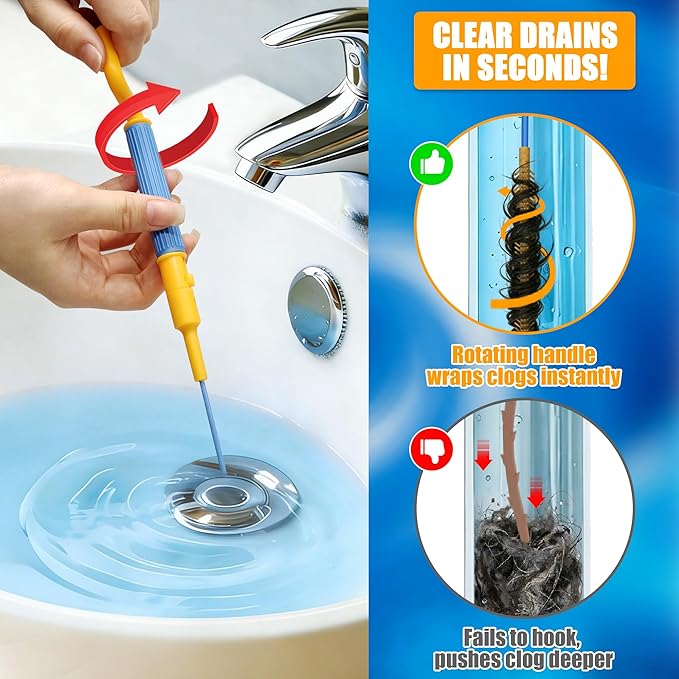 EastLink 30-Inch Reusable Drain Snake Hair Drain Clog Remover 6 Pack, Anti-Break Steel Sink Snake Drain Hair Removal Tool with Rotating Handle, Drain Cleaner Tool for Bathroom Sink, Shower, Bathtub