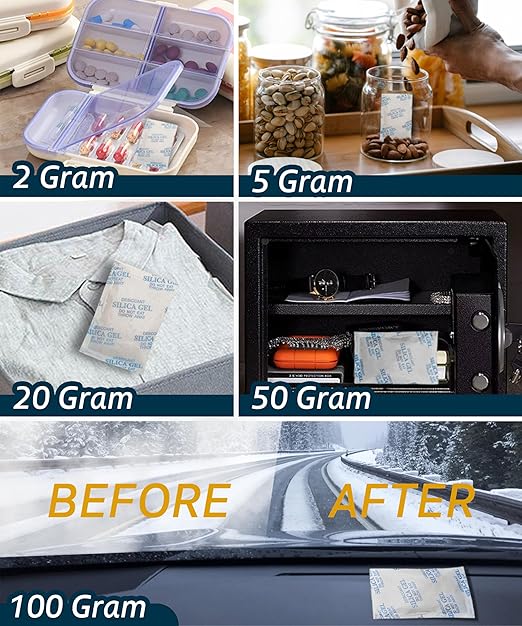 20 Gram (50 Pack) Color-Indicating Silica Gel Packets, Premium Food Grade Desiccant - Rechargeable Moisture Absorbers for Food Storage, Electronics, 3D Filament & Safes