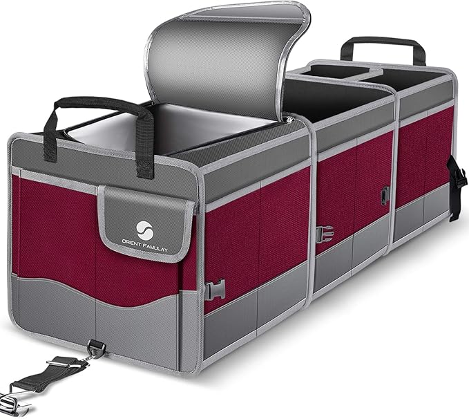 Trunk Organizer with Cooler, Collapsible Trunk Storage Container with Non-Slip Bottom Strips, Large Multi-Compartment Waterproof Car Trunk Organizer for Groceries, for Vehicle Sedan, SUV, Van (Wine Red)