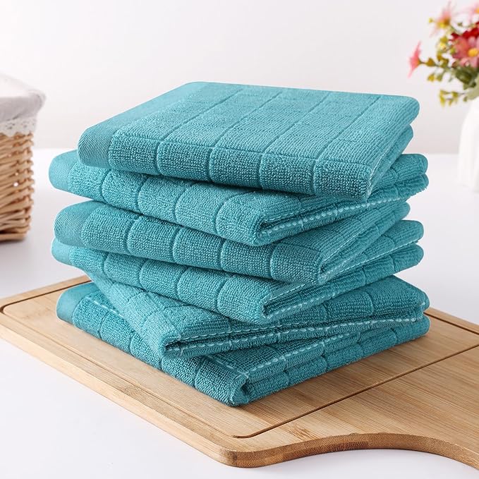 Homaxy 100% Cotton Terry Kitchen Dish Cloths, Ultra Soft and Absorbent Dish Towels for Kitchen, Suitable for Drying and Washing Dishes, 6 Pack, 12 x 12 Inches, Lake Blue