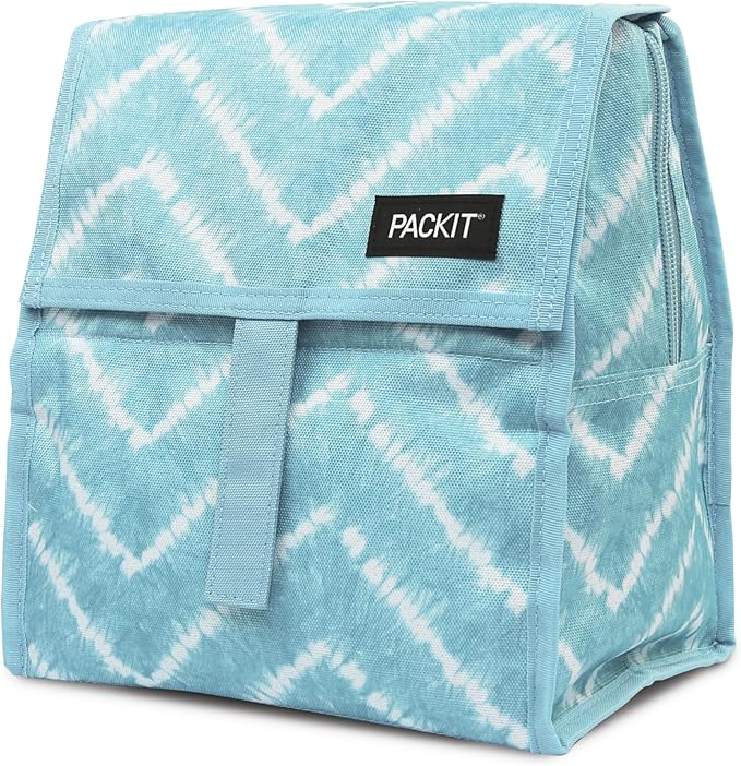 PackIt® Freezable Lunch Bag, Aqua Tie Dye, Built with EcoFreeze® Technology, Foldable, Reusable, Zip and Velcro Closure with Buckle Handle, Designed for Work Lunch and Fresh Lunch On the Go