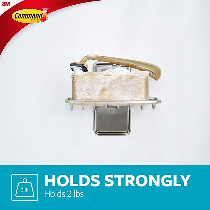 Command Soap Dish for Shower, Damage Free Hanging Bathroom Soap Dish, No Tools Bar Soap Holder, 1 Satin Nickel Soap Dish and 2 Water-Resistant Command Strips