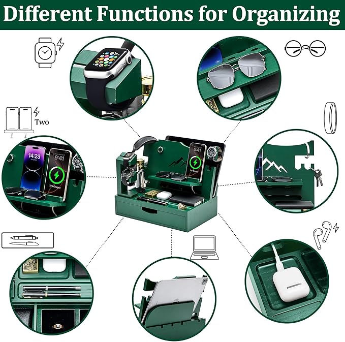 Nightstand Organizer for Men with Large Drawer, Birthday Gifts for Men, Phone Docking Station, Bedside Organizer for Nightstand for Apple Watch, Laptop (Olive Green, Solid Wood)