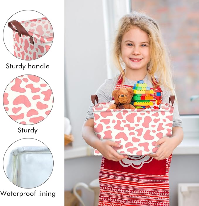 Pink Cow Print Storage Basket Waterproof Canvas Toy Storage Bin Cute Room Decor Collapsible Outdoor Basket with Leather Handles Pink Decor Blanket Baskets For Closets,Bedrooms,Gifts Baskets