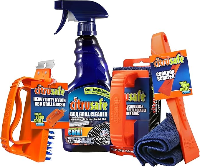 Citrusafe Complete Grill Cleaning Kit - Grill Cleaner Spray (16oz), Scrubber 3 Pack, Nylon Brush, Cookbox Scraper and Microfiber Cleaning Towel - Tools to Clean BBQ Grill Grates, Smokers, Ovens