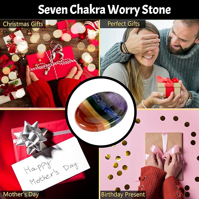 Seven Chakra Worry Stones – Crystal Thumb Worry Stone for Anguish, Stress – Relaxing and Soothing Balance Stone for Meditation, Stress Relief – Crystals and Healing Stones for Men and Women