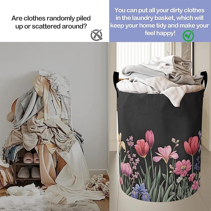 Spring Flowers Laundry Hamper Large Canvas Fabric Lightweight Storage Basket/Dirty Clothes Collapsible Waterproof for College Dorms, Boys and Girls Bedroom,Bathroom
