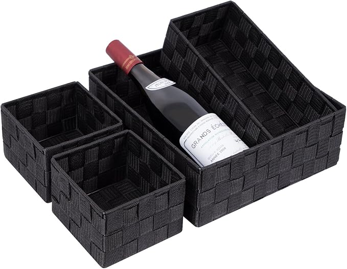 Posprica Small Black Baskets Cube Bin Container Tote, Woven Storage Baskets for Organizing, Organizer Divider for Drawer, Closet, Shelf, Dresser, Set of 4