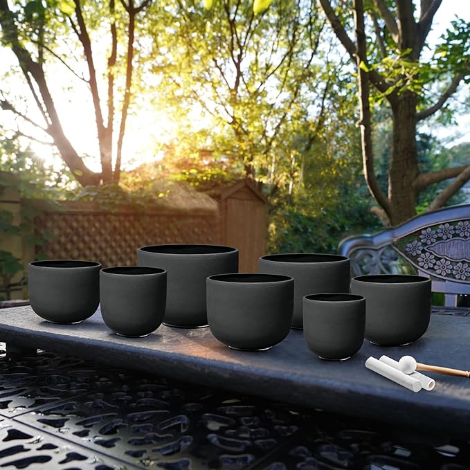 Ryan Dvan 7-12 Inch Black 7 Crystal Singing Bowl Set Frosted Quartz Crystal Sound Therapy Kit with Mallets 2 Cases O-Ring for Yoga Meditation Energy Balancing Reiki Healing