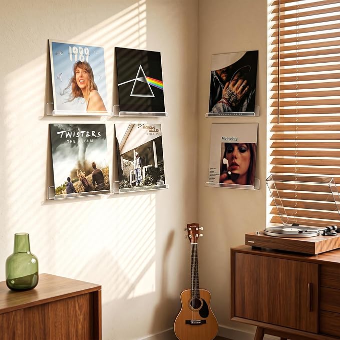 Laurensory Vinyl Record Shelf Wall Mount Shelves, 12 inch Clear Acrylic Vinyl Record Holder Display, Floating Shelves for Wall Decor, Magazine Rack, Kids Bookshelf, for Bedroom, Living Room, 6 Pack