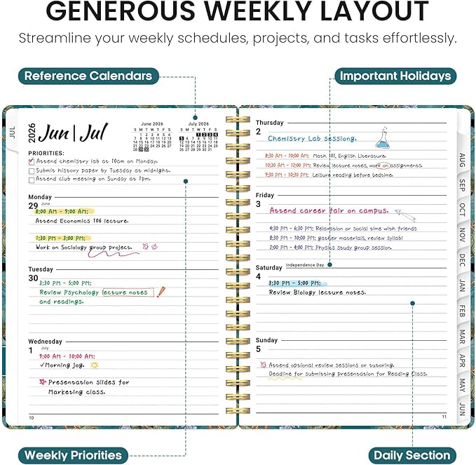Planner 2026-2027, Academic Year Weekly and Monthly Calender Planner, from Jul 2026 - Jun 2027, Spiral Bound School Planning Book, Perfect for Teacher, Student, Women & Men, A5 (6.3" x 8.5"), Cats in Vine