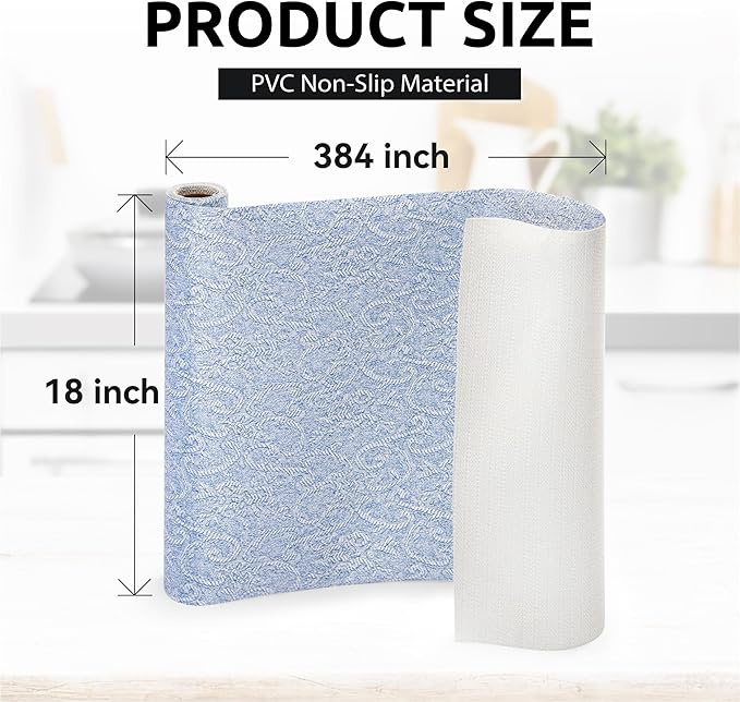 FIFTY FEET 18X384 Inch Shelf Liner with Scissor & Tape Measure for Kitchen Cabinets, PVC Drawer Liner for Dresser Non-Slip Bathroom, Non-Adhesive Cabinet Liner Washable (Pale Blue)