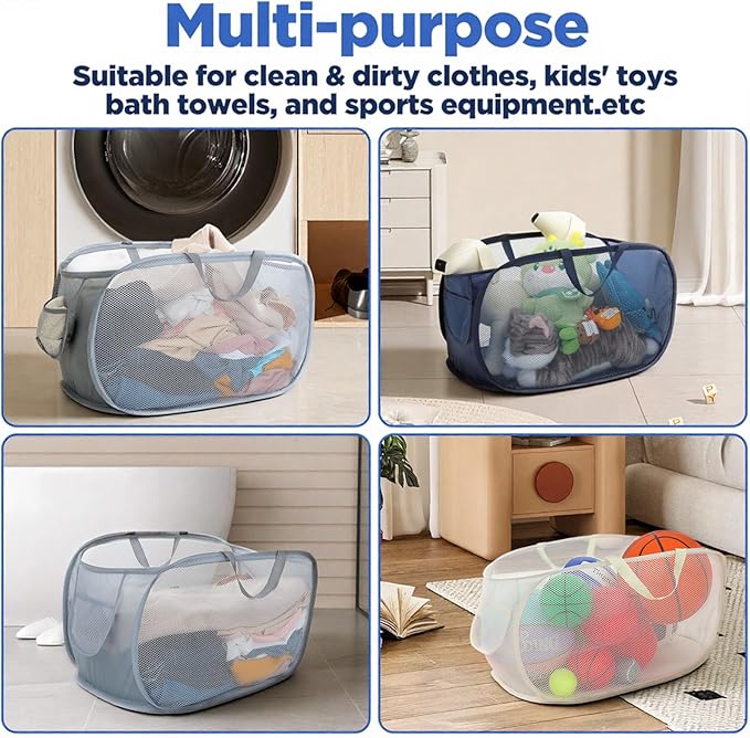 Foldable Laundry Basket Set of 4 - Popup Collapsible Design, Durable Mesh Material, Easy Carry Handles, Perfect for Home, Dorm, Travel - Beige, Navy, Black, Grey