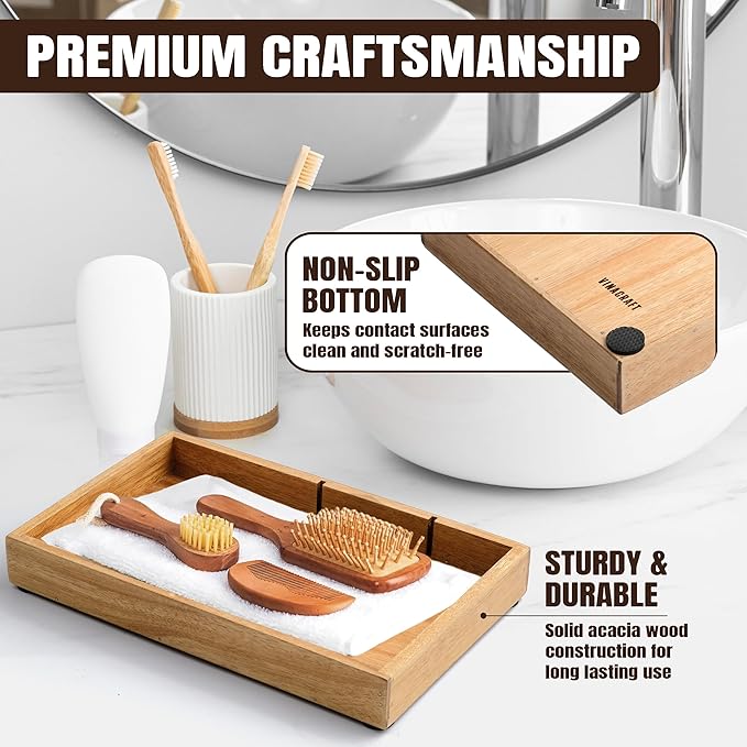 Wooden Valet Tray for Men – 12.2x7.9 in Acacia Catchall EDC Dump Tray with Removable Dividers, Nightstand Organizer for Keys, Wallet, Phone, Watch, Office Accessories