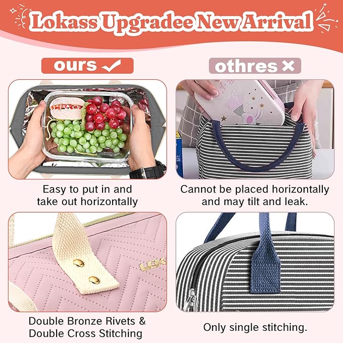 Lunch Bag Women Insulated Lunch Box Wide-Open Lunch Tote Bag Large Drinks Holder Durable Nylon Thermal Snacks Organizer for Men Adults Work Picnic Hiking Beach Fishing, Pink Wavy