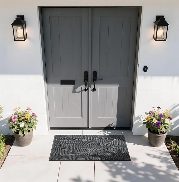 Yimobra Doormat Indoor Outdoor Entrance, Simple Stripes, All-Weather Waterproof & Non-Slip Mat for Front Door, Heavy Duty Polyester Welcome Mat for Garage, Patio-47x24, Dark Grey