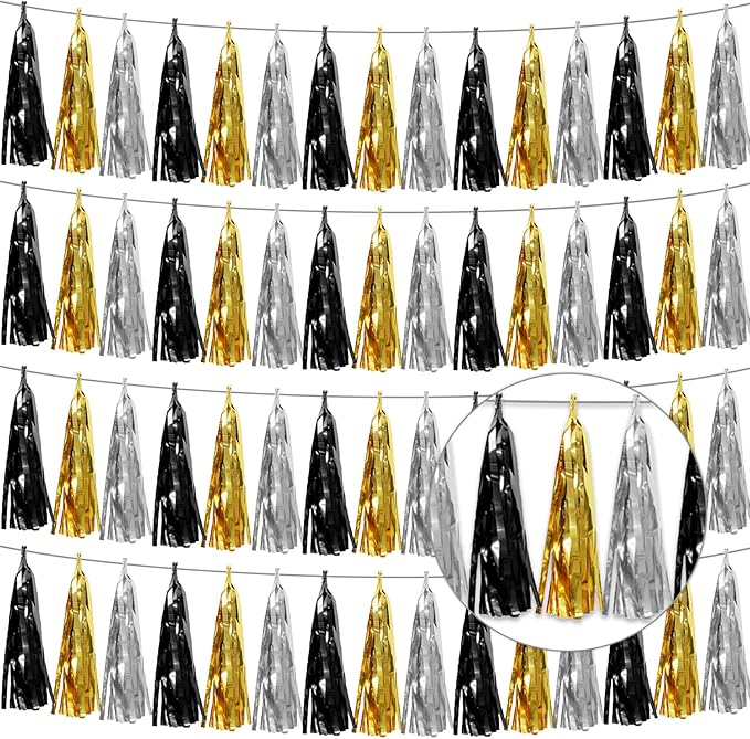 4P Black Gold Silver Foil Fringe Tassel Garland Banner Metallic Tinsel Streamers Wall Hanging Curtain Backdrop Banner for Parade Floats, 2025 Graduation Decorations, New Year's Decorations, Father's Day