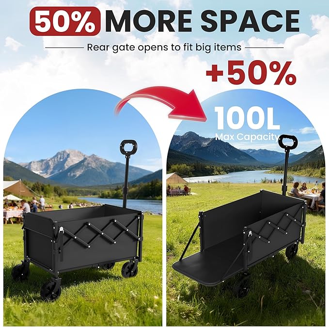 Collapsible Wagon with Wheels & Tailgate, 350LBS Wagons Carts Foldable Heavy Duty, Lightweight Portable Folding Utility Wagon Grocery Shopping Cart for Garden, Camping, Beach (Black)