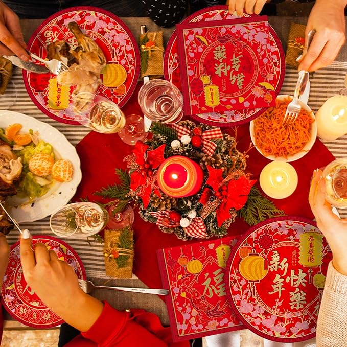Chinese New Year Party Supplies Kit: Happy New Year Design Decorations Set with Disposable Plates, Napkins, Cups, Tablecloth, and Festive Banner - for Lunar New Year Celebrations Serves 25.