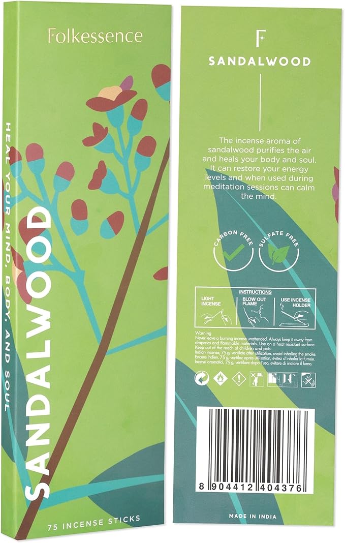 Folkulture Sandalwood Incense Sticks for Home | Pack of 75 Organic Insence-Sticks Sandalwood with 45 Mins Burn Time | Non Toxic Incents for Meditation & Spiritual Practice Inscents-Sticks