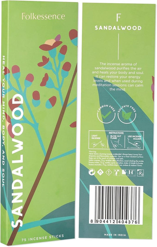 Folkulture Sandalwood Incense Sticks for Home | Pack of 75 Organic Insence-Sticks Sandalwood with 45 Mins Burn Time | Non Toxic Incents for Meditation & Spiritual Practice Inscents-Sticks