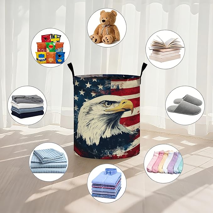 Vintage American Flag Eagle Laundry Basket Laundry Hamper With Handles Collapsible Laundry Baskets Storage Basket For Room Bathroom Bedroom Decor