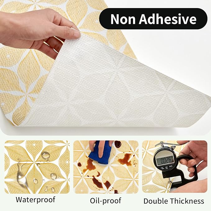 Shelf Liners for Kitchen Cabinets 23.62in x 20FT, Non-Adhesive Cabinet Liner, Strong Non-Slip Golden Leaf Drawer Liner, Easy to Clean for Shelf, Cabinet with Knife and Tape Measure