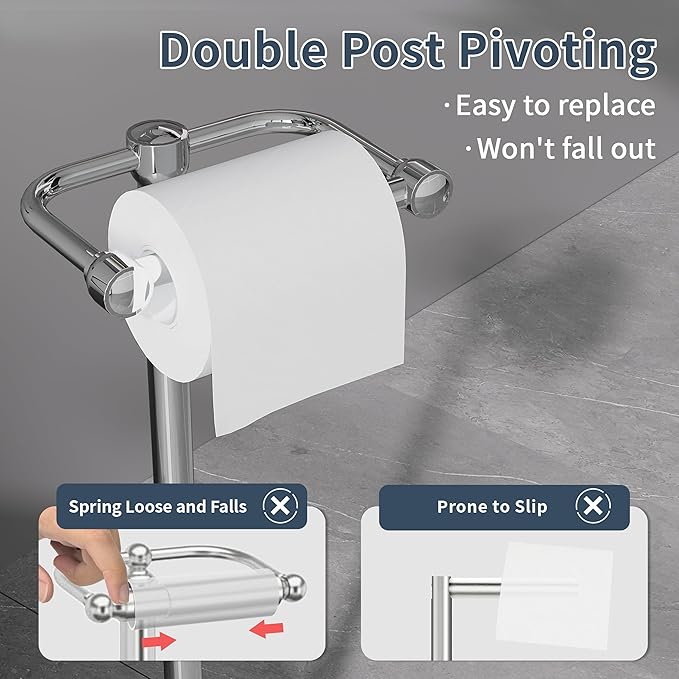 Toilet Paper Holder Stand, Post Pivoting Design Free Standing Toilet Paper Holder, SUS304 Stainless Steel Toilet Paper Roll Holder, Heavy Stable Base (Chrome)