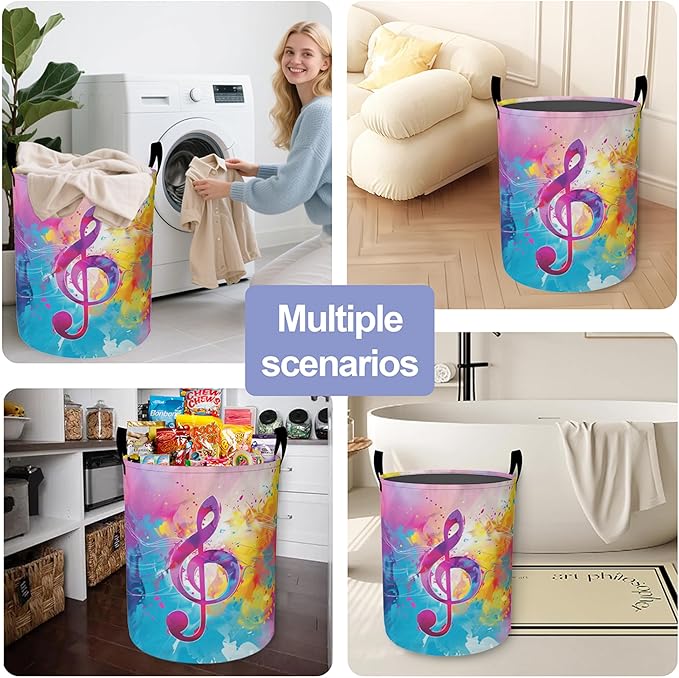 Colorful Music Symbols Laundry Basket-Large Foldable Hamper Holder Portable Tall Collapsible Laundry Hamper Storage Basket Bin with Handles, Canvas & Waterproof lining for Household Items