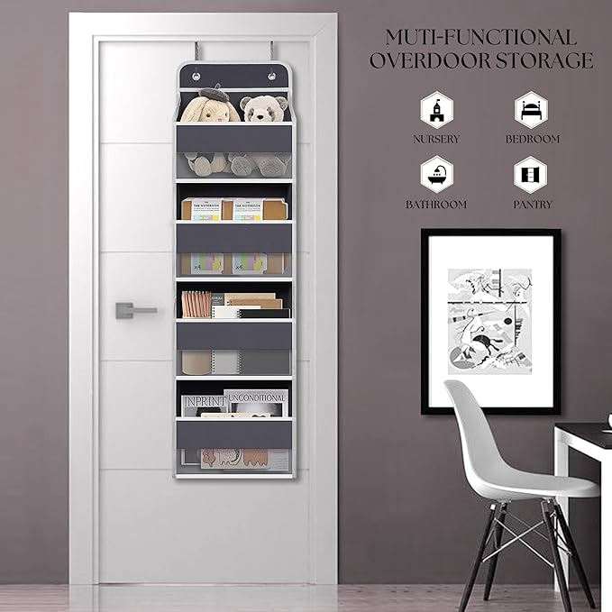 Over Door Organizer with 4 Large Capacity Pockets, Heavy Duty Hanging Organizer Storage for Closet Bathroom Nursery Bedroom Dorm, Toys Cosmetics Sundries and Baby Essentials, Gray