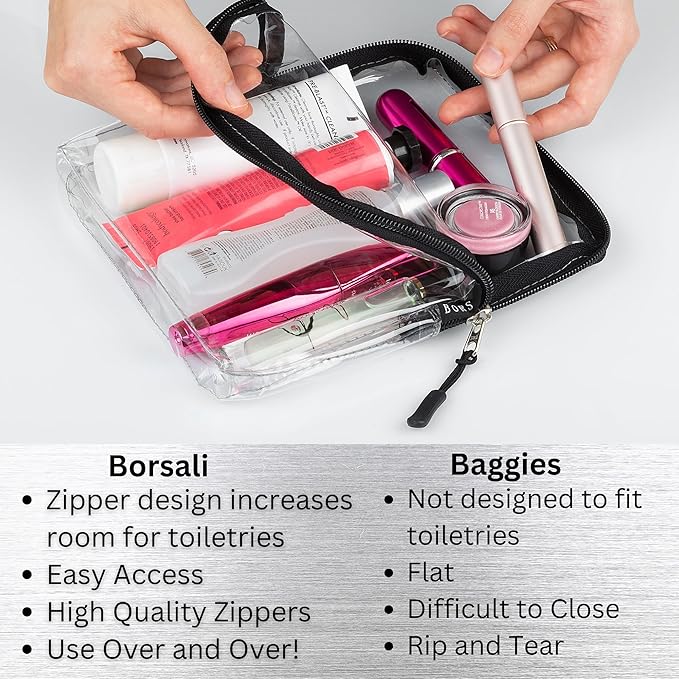 BORSALI TSA Approved Toiletry Bag - Clear Quart Size for 3-1-1 Carry On Travel - Makeup Organizer Cosmetic Pouch with Zipper - Travel Accessories - Black With Handle