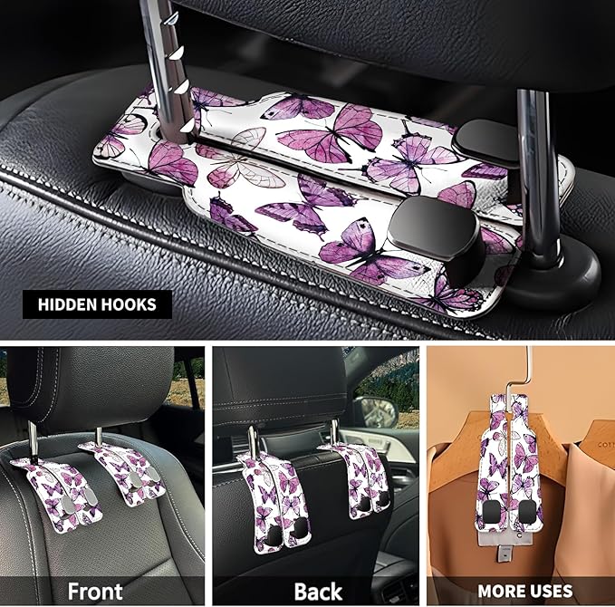 NUGGHU Car Seat Headrest Hook, Universal Leather Cute Hanger Holder Hook, Storage Organizer Interior Accessories for Purse Bags Handbag Luxury Purple Butterfly