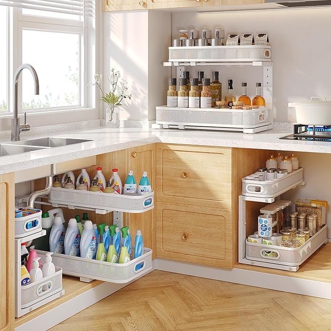 Biboraya 2 Pack 19.3IN-Depth Under Sink Organizer with Smooth Cylindrical Rail, 2-Tier Pull Out Multi-Purpose Cabinet Storage for Bathroom & Kitchen, Height Adjustable, Rust-Resistant Coating - White