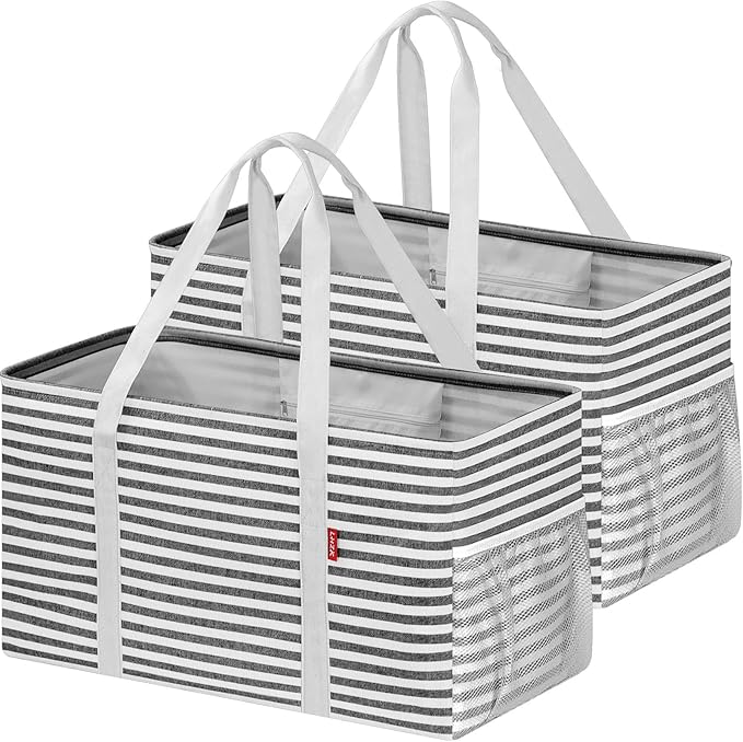 LHZK 2 Pack Extra Large Utility Tote Bag with Metal Wire Frame and the Sides Rinforced, Extra Large Tote Bag with Handle for Pool Beach Laundry Storage, Black