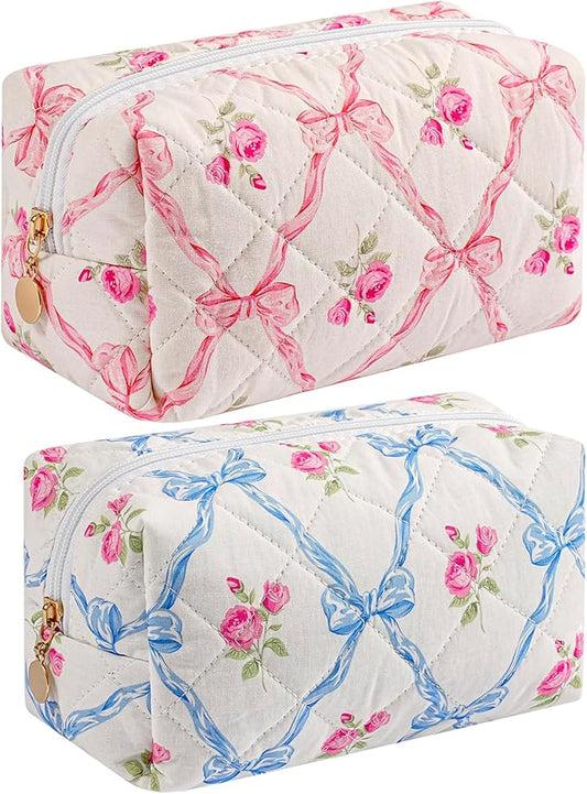 HHQQWZ Makeup Bag Travel Cosmetic Bag for Women Girls, Zipper Make Up Pouch, Floral Flowers Toiletry Organizer Makeup, Portable Storage Bag, Cosmetic Travel Cloth Bag (Pink Bowknot+Blue Bowknot)