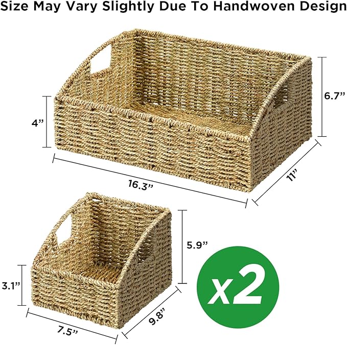 Ollieroo Natural Seagrass Storage Baskets, Handwoven Wicker Storage Bins with Built-in Handles, Storage Container Baskets for Shelves, Bedroom, Bathroom, Laundry Room or Kitchen (Green)