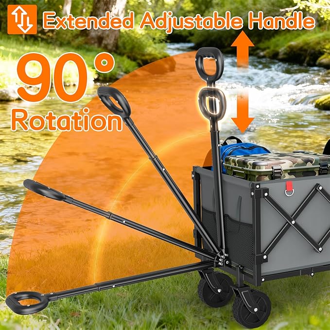 35" L Extra Long Wagons Carts Foldable, 360LBS Heavy Duty Collapsible Wagon with Wheels, Folding Wagon Portable Utility Cart for Groceries, Shopping, Camping, Sports