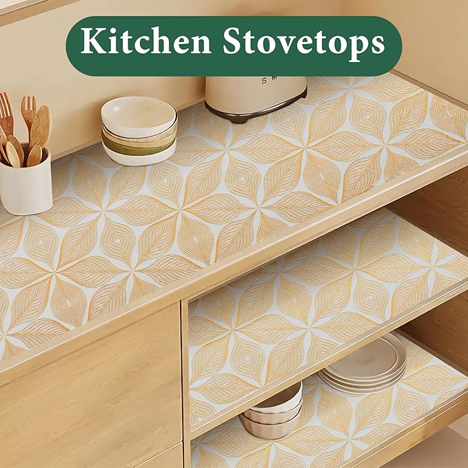 Drawer and Shelf Liner for Kitchen Cabinet: 23.6 in X 30 Ft Waterproof Shelf Paper Non Adhesive Refrigerator Liners Golden Leaf Easy Liners for Bathroom with Knife Tape Measure
