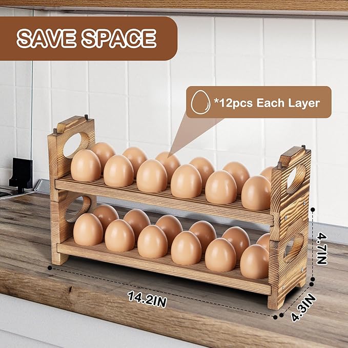 AOOHOOA Wooden Egg Holder & Storage-3Tier /36-Hole Stackable Holds Fresh Eggs, Farmhouse Eggs Rack Wood, Rustic Countertop Chicken Egg Organizer Wood with Distressed Finish for Home Kitchen Decoration