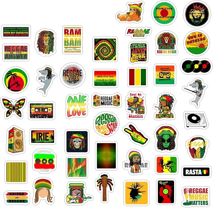 Reggae Stickers – Rasta Stickers, Jamaica Inspired Vinyl Decals – Waterproof Aesthetic Stickers for Laptops, Water Bottles, Guitars, Journals – Gifts for Reggae Music Lovers