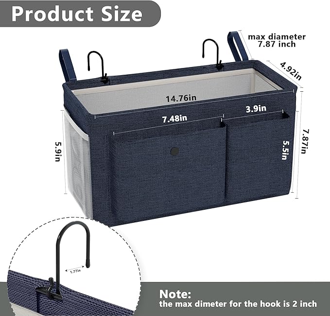 Bedside Caddy Bedside Organizer with Fixed Straps & Water Bottle Holder, Bunk Bed Caddy ideal for Home, Dorm, Hospital, Crib, Versatile Bedside Storage Solution (Navy 2pcs)