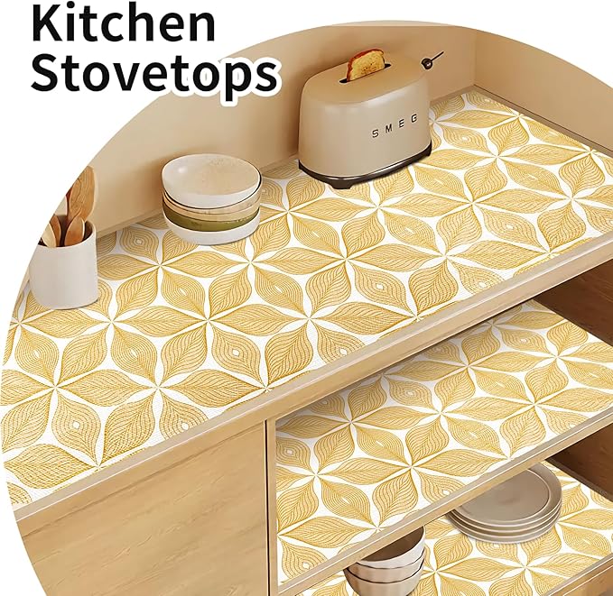 Shelf Liners for Kitchen Cabinets 23.62in x 20FT, Non-Adhesive Cabinet Liner, Strong Non-Slip Golden Leaf Drawer Liner, Easy to Clean for Shelf, Cabinet with Knife and Tape Measure