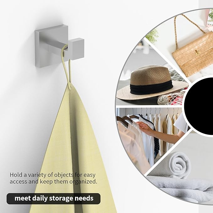Ruacq Towel Hooks for Bathrooms, Heavy Duty Stainless Steel Square Bathroom Hooks, Wall Mounted Towel Hanger for Robe & Coat, Ideal for Kitchen, Bedroom, and Hotel Use(Brushed Nickel, 2 Pack)